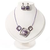 Purple Enamel Diamante Geomentric Necklace & Drop Earrings Set In Rhodium Plated Metal - 34cm Length (6cm extender)