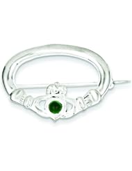 Sterling Silver Green Synthetic Stone Claddagh Pin