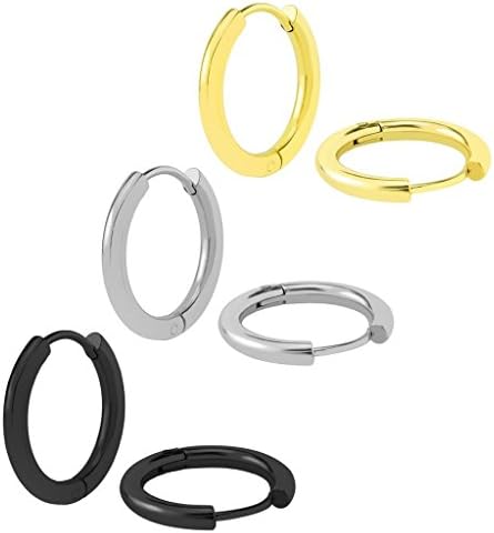 Mens Womens Stainless Steel Small Endless Huggie Hinged Hoop Earrings Body Piercing 3 Pair 13MM