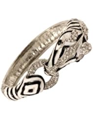 Elegant Zebra with Crystals, Black and White Enamel Stripes Silver Hinged Bangle Bracelet