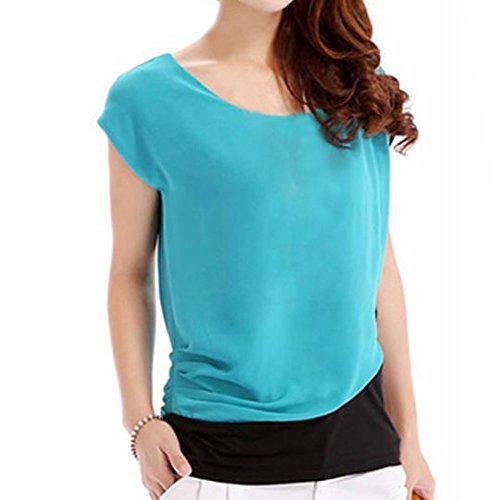 Crazycity Women's Crew Neck Block Color Short Sleeve Shirt Chiffon Tops Blouse (M, Blue)