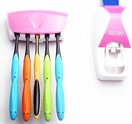 lllzff Hands Free Toothpaste Dispenser Automatic Toothpaste Squeezer and Holder Set (5 Brush Holder,Toothbrush not Include ) - Red