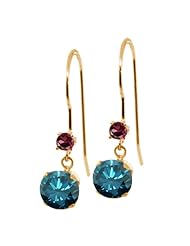 1.28 Ct Round Blue Diamond Red Rhodolite Garnet 14K Yellow Gold Earrings