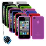 GTMax 7 PCs Soft Rubber Silicone Skin Protector Cover Case (Black + Red + Dark Blue + Purple + Hot Pink + Dark Green + Clear) + Bluemall LCD Cleaner & SD memory Card Holder for AT&T Verizon Sprint Apple Iphone 4th 4G 4S