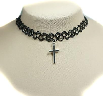 Cross in Silver Black Vintage Stretch Tattoo Henna Choker Hippy Christian Necklace