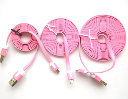 Costyle 3pcs/lot 1M 3FT 2M 6 FT 3M 10FT FEET Colorful Long Noodles Flat Micro USB 2.0 Data Sync Charging Cable Cord for Samsung Galaxy S4, S3, S2, Note 2, Note 3,HTC One, EVO, Thunderbolt, Incredible, Droid DNA, Motorola ATRIX, Droid; Google Nexus 4, Nexus 7, Nexus 10, LG Optimus, PS Vita, Nook HD+Android Devices,Kindle Full-Speed Charges Smartphones (Pink)