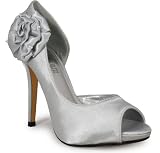 WOMENS LADIES SILVER SATIN PEEPTOE FLOWER STILETTO HIGH HEEL BRIDAL SHOES SZ 3-8
