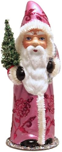 Ino Schaller Santa in Fuschia Coat with Glitter Rose DÃ©cor and Tree Paper Mache