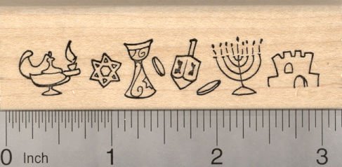 Hanukkah Border Rubber Stamp, Featuring Star of David, Dreidel, Menorah, Chanukah Festival of Lights