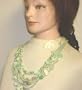 Hand Crocheted Black Rayon Cotton Gimp Dress Snood Trimmed with Gold Beads Mounted on French Hair Clip with Three Gold Buttons for Women and Teens Offered in Combination with Four Strand Aqua Beads White Pearl Sea Shells Necklace and Ear Rings