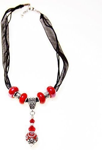 Red Beaded Black Silk Ribbon Charm Necklace 18 inches Handmade Choker