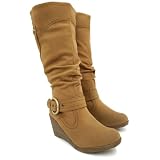 Spy Love Buy Ladies Leather Style Biker Wedge Heel Knee High Boots Caroline