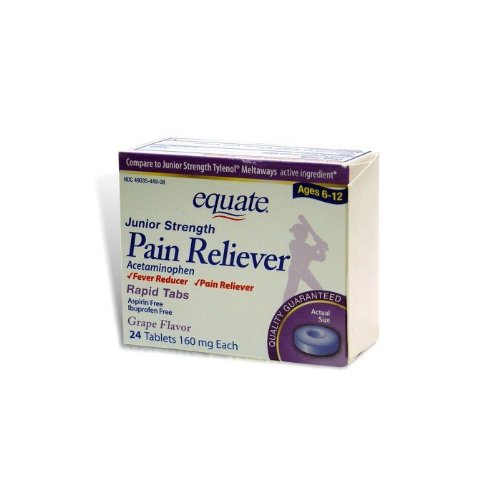 Equate Junior Pain Reliever  Grape Flavor Ages 6-11 Meltaway Tablets Acetaminophen 160mg, 24-Count Box
