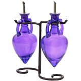 French Olive Oil &Vinegar Colored Glass Bottles Liquid Dispensers 2pc ~ Violet Decorative Amphora Style Bottles with Stainless Spouts & Black Metal Swirl Stand