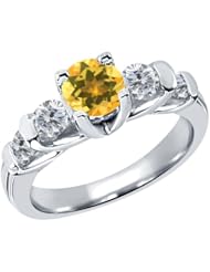 1.58 Ct Round Yellow Citrine G/H Diamond 18K White Gold Ring