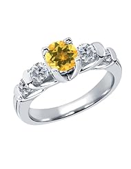 1.58 Ct Round Yellow Citrine G/H Diamond 18K White Gold Ring