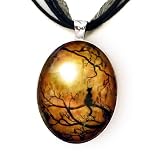Black Cat and Full Moon Handmade Art Pendant