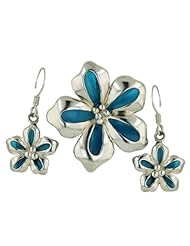 Sterling Silver Enamel Flower Fish Hook Earrings and Pendant Set 16 inches chain