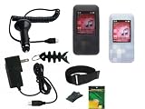iShoppingdeals - Black/Clearwhite Soft Skin Case + Car Charger + AC Travel Charger + Screen Protector + Armband + Beltclip + Fishbone Keychain for Creative Zen Mozaic EZ300 4GB/8GB/16GB