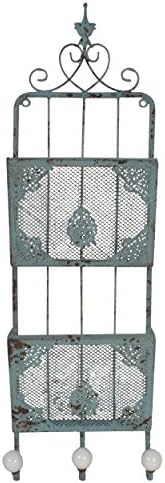 Two Tier Distressed Wall Mounted Metal File Holder with Three Hooks - Magazine Rack - Filing Bin - Mail Sorter - French Country - Shabby Chic Décor - Green - Black - White (Green)