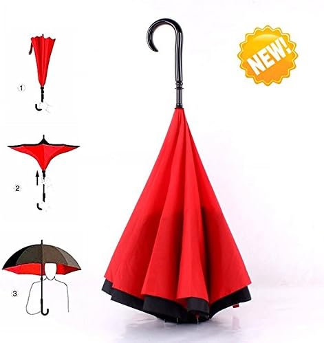 Umbrella, Travel Umbrella Strong Waterproof/Uv protection, Sunny or rainy amphibious, J shape handle Double Layer Inverted Umbrella (Red)