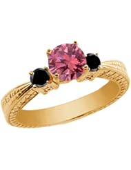 0.99 Ct Round Pink and Black Diamond 925 Yellow Gold Plated Silver 3-Stone Ring