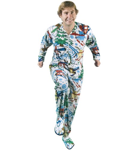 PajamaCity Skiing Animals Print White Polar Fleece Drop Seat Footed Pajamas for Teens and Adults