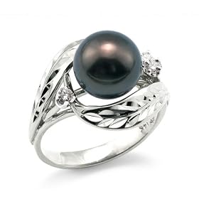 Tahitian Black Pearl Ring with Diamonds in 14K White Gold by
