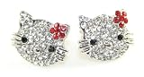 Dazzling Crystal Kitty Stud Earrings with Red Flower Bow