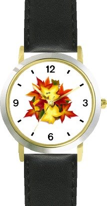 Autumn (Fall) Leaves with Two Ladybugs Kissing - WATCHBUDDY® DELUXE TWO-TONE THEME WATCH - Arabic Numbers - Black Leather Strap-Size-Large ( Men