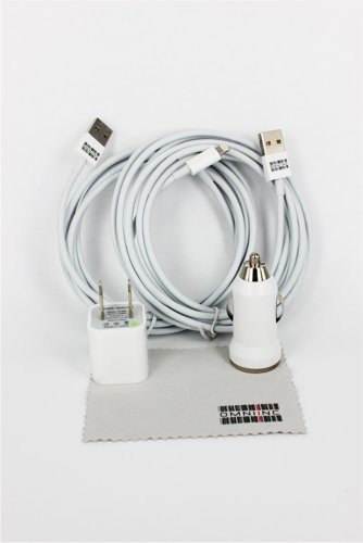 OmniInc 2M Bundle Kit White - 2PCS 2M (~6FT) 8 Pin Data Sync Transfer Charger Cable Cord for iPhone 5 5S 5C Compatible, 1PC AC Wall Home Travel Charger Power Adapters 1000 mAh, 1PC Mini Car Bullet Charger Adapter