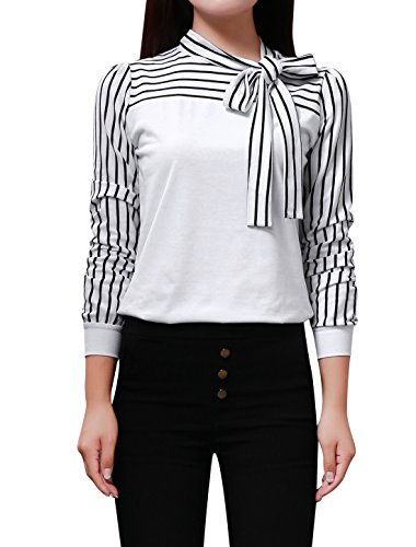 Allegra K Pullover Self Tie-Bow Neck Long Sleeve White Top Shirt for Lady XL