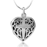 Chuvora Oxidized 925 Sterling Silver Open Filigree Christian Cross Heart Shaped Locket Necklace 18''