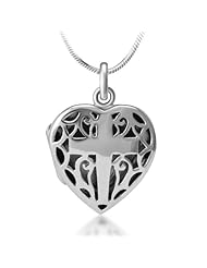 Chuvora Oxidized 925 Sterling Silver Open Filigree Christian Cross Heart Shaped Locket Necklace 18