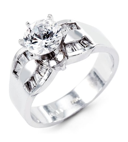 14k White Gold Round Baguette CZ Modern Engagement Ring