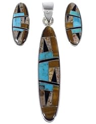 Genuine Sterling Silver Multicolor Inlay Pendant Earrings Set DS47916