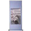 Handmade Asian Wall Art Scroll Painting On Textured Blue Brocade- Mountain Temple In Cherry Blossoms