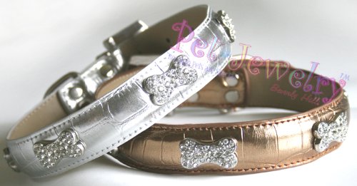 Dog Collar and Leash Set - 12-inch Swarovski Crystal Bone Dog Collars & leash set (antique gold)