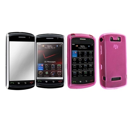 Clear Pink TPU Rubber Skin Case Cover + Mirror Screen Protector for Blackberry Storm 9500