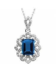 14K White Gold Emerald Cut Chatham Created Sapphire and Diamond Pendant -- LIFETIME WARRANTY