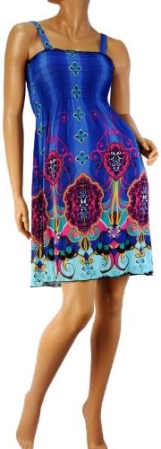 Silky Stretchy Cute Floral Emblem Summer Short Tube Sundress Dress Straps Blue L