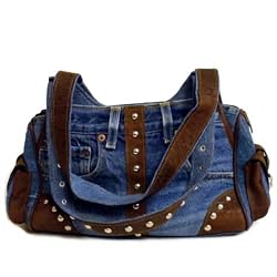 Denim Handbag with Leather Crafted from Vintage Denim, 15" x 7 1/2"