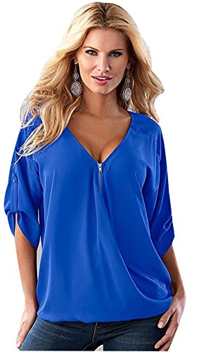 ELFIN Women's V Neck Zipper Cuffed Sleeve Blouse Tops