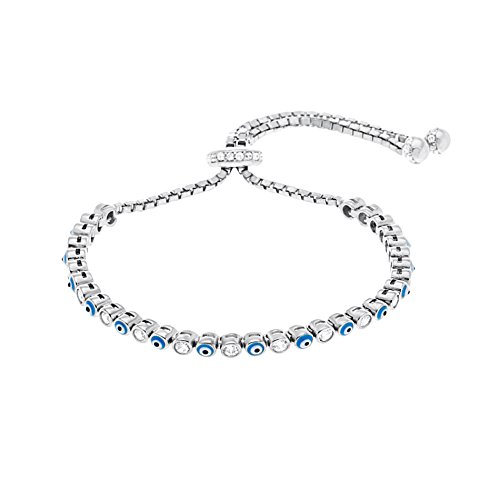 Silver Rose Gold or Gold Sterling Silver Cubic Zirconia Enamel Evil Eye Slider Tennis Bracelet (Silver)