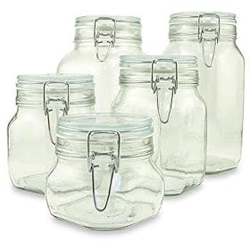 Set of 4 (Four) Bormioli Rocco Fido Glass Canning Jars - 4 Piece - .5, .75, 1 and 1.5 Liters by Home Naturals