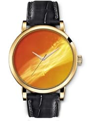 SPRAWL Aanalog Fashion Series Gold Ladies Watches of Genuine Black Leather Strap,Unique Wrist Watch for Women Girls Designed with Waves on orange and yellow background