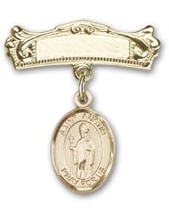 Gold Filled Baby Badge with St. Austin Charm and Arched Polished Badge Pin