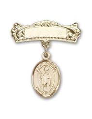 14K Gold Baby Badge with St. Austin Charm and Arched Polished Badge Pin