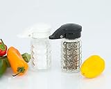 Moisture Proof Salt & Pepper Shakers, Black & White Lids Spring Loaded, No Clog, 1.5 Oz, Set of 2 By Tumbler Home