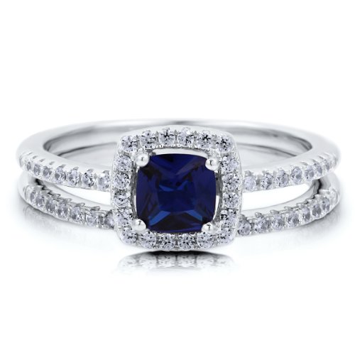 Cushion Sapphire Cubic Zirconia CZ Sterling Silver 2Pc Bridal Ring Set - Women\'s Engagement Wedding Ring Set